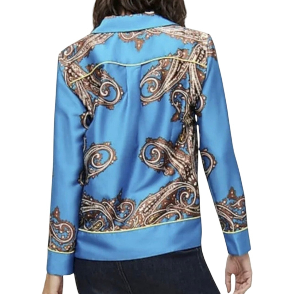J. CREW 60s Retro Top Drapey Button-up Silky Scarf Blouse Paisley Window Blue M - Picture 2 of 11